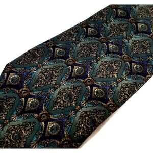 Mallory Church Mens Necktie Silk green blue scroll work geometric vintage tie